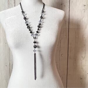 Fashion Statement Beaded Tasell Pendant  Silver Tone Necklace
